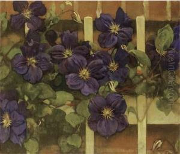 Clematis Tegen Hekwerk: Flowering Clematis Oil Painting by Jacobus Van Looy