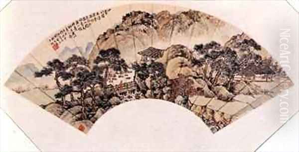 Small Bridge over Flowing Stream folding fan mounted as an album leaf Chinese Oil Painting by Shih-shu Fang