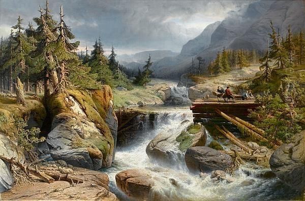 A Mountainous Landscape With Lumberjacks Near A Waterfall Oil Painting by Gerard Jozef Adrian Van Luppen