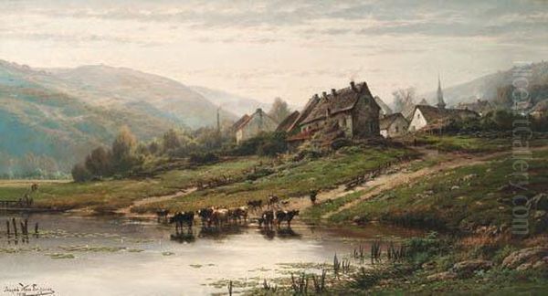 A Village In The Ardennes In Summer With Cattle Fording A Stream Inthe Foreground Oil Painting by Gerard Jozef Adrian Van Luppen