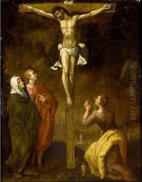 Christ On The Cross With St John The Baptist, The Virgin Mary And Mary Magdalene Oil Painting by Karel Van Mander