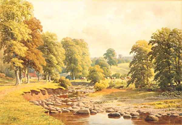 Cattle grazing beside a River Oil Painting by William J. Ferguson