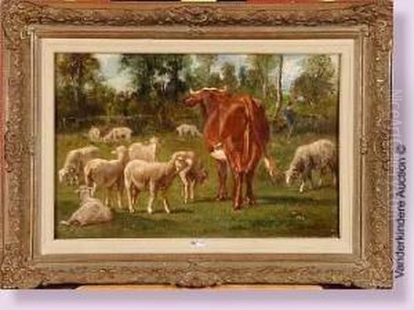 Vache Et Moutons Au Pre Oil Painting by Emile van Marcke de Lummen