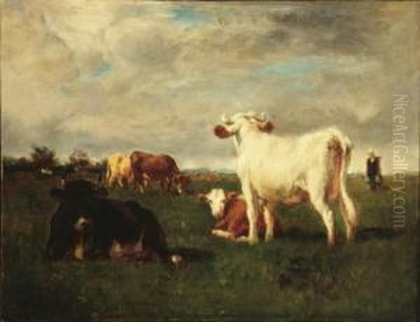 Cows In A Pastoral Landscape Oil Painting by Emile van Marcke de Lummen