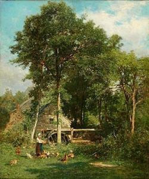 Scene De Ferme Devant Un Moulin A Eau Oil Painting by Emile van Marcke de Lummen