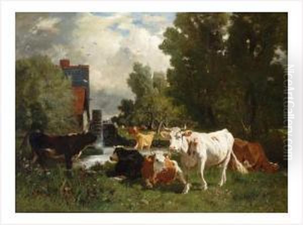 Troupeau Pres Du Moulin Oil Painting by Emile van Marcke de Lummen