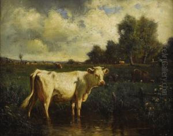 Cattle In The Stream Oil Painting by Emile van Marcke de Lummen