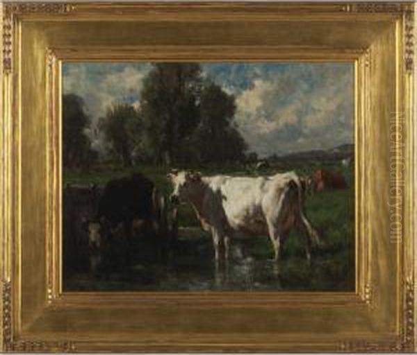 Wading Cows Oil Painting by Emile van Marcke de Lummen