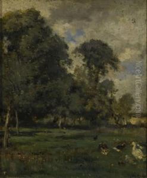 Landschaft Mit Enten. Oil Painting by Emile van Marcke de Lummen