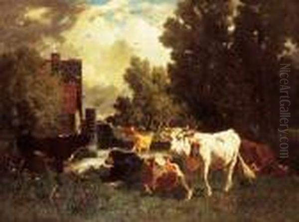 Vaches Aupres D'un Moulin, Circa 1870. Oil Painting by Emile van Marcke de Lummen