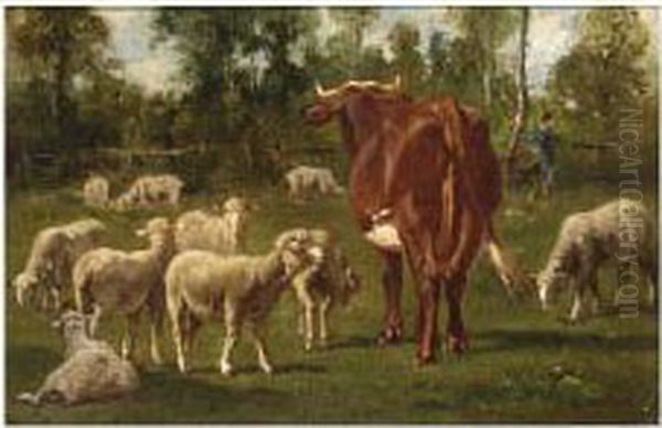 A Cow And Sheep In A Meadow Oil Painting by Emile van Marcke de Lummen