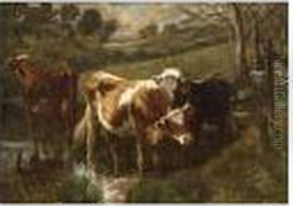 Wading Cows Oil Painting by Emile van Marcke de Lummen