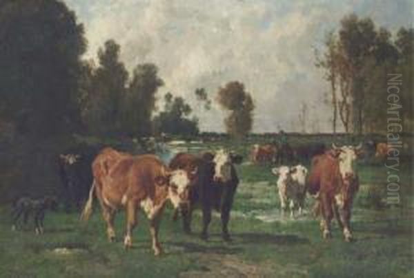 Cattle In A Meadow Oil Painting by Emile van Marcke de Lummen