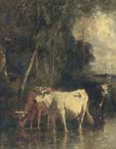 Cattle At The River Oil Painting by Emile van Marcke de Lummen