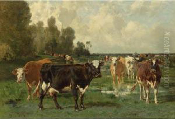 Landscape With Cattle Oil Painting by Emile van Marcke de Lummen