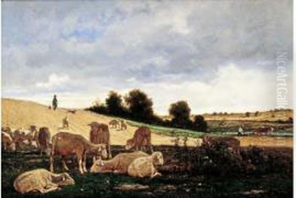 < Berger Et Ses Moutons >. Oil Painting by Emile van Marcke de Lummen