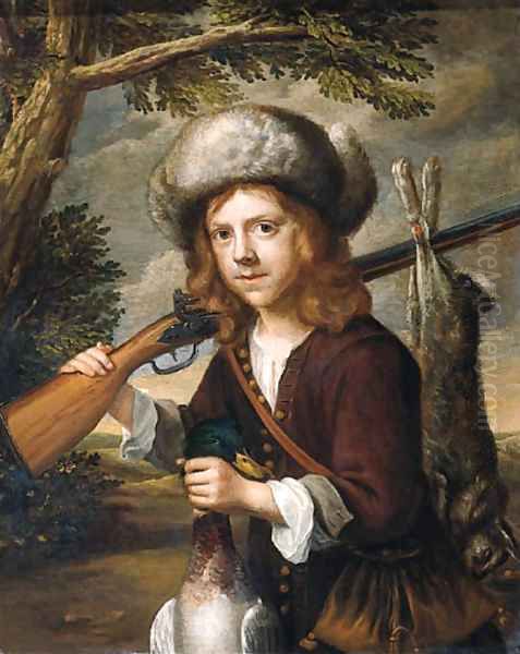 A portrait of a youth, standing three quarter length in a landscape, holding a dead duck and a rifle Oil Painting by Govaert Flinck