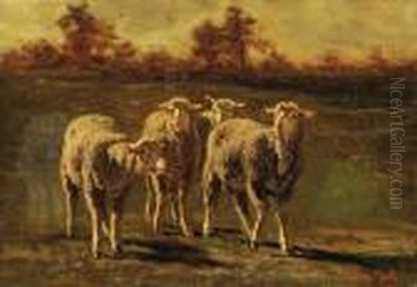 A Small Flock Oil Painting by Emile van Marcke de Lummen