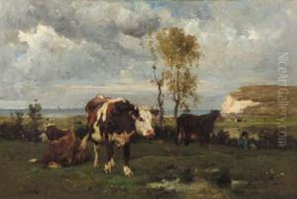 Pastoral Scene On The Rocky Coast Of Bretagne Oil Painting by Emile van Marcke de Lummen