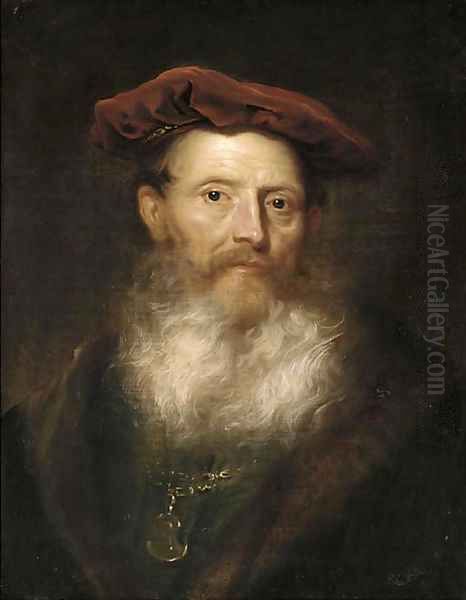 Portrait of a bearded man, bust-length, in a fur-trimmed black coat and a velvet cap Oil Painting by Govaert Flinck