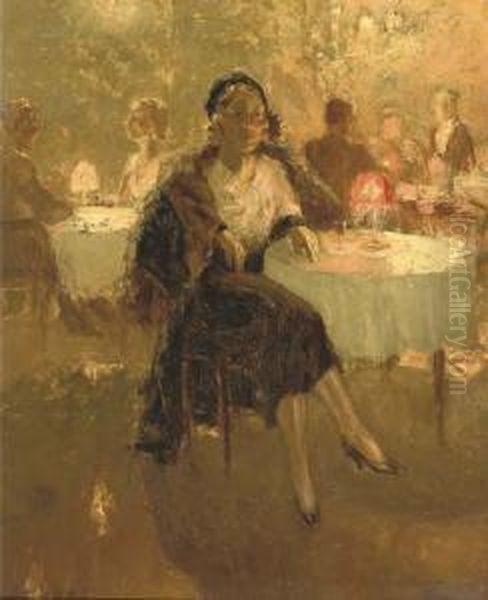 An Elegant Lady In A Cafe Oil Painting by Han Van Meegeren