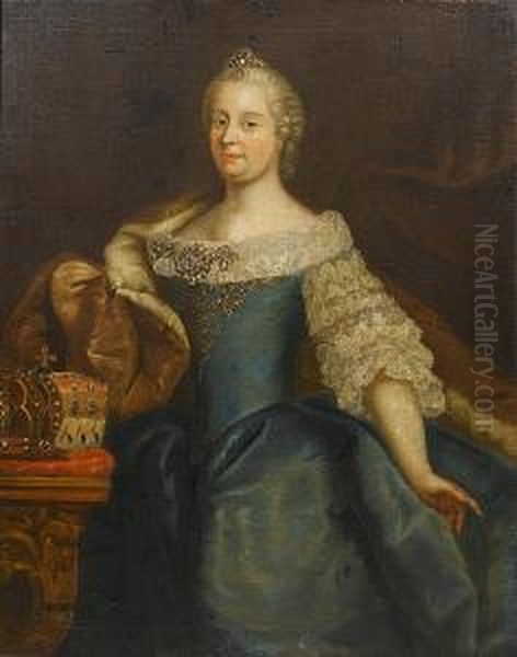 Portrait Of Empress Maria 
Theresa, Three-quarter-length, Standing In A Blue Dress With An 
Ermine-lined Wrap, Beside A Table With Two Crowns Oil Painting by Ircle Of Martin Van Mytens