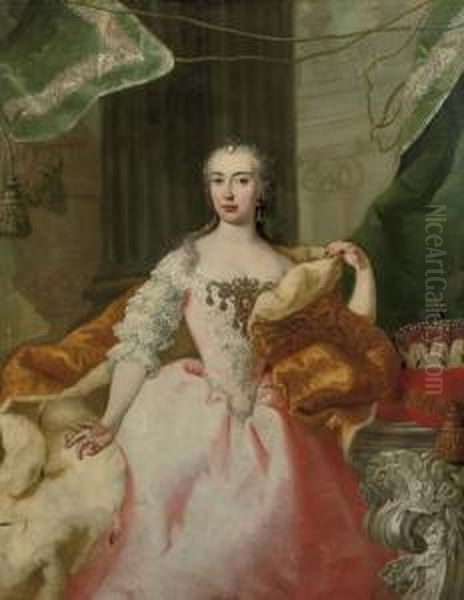 Portrait Of Maria Theresia Von 
Habsburg, Three-quarter-length, In A Pink Dress With A Lace Bodice And 
Sleeves And An Ermine Robe, A Jewel With The Portrait Of Her Future 
Husband On Her Breast, Standing Before A Column Oil Painting by Ircle Of Martin Van Mytens