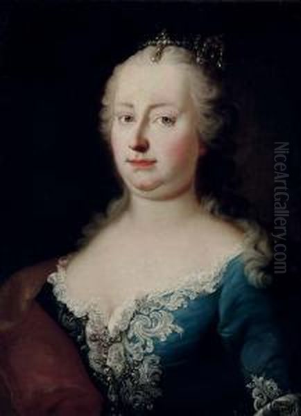 Portrait Of Empress Maria 
Theresa Von Habsburg, Bust-length, In A Silver Embroidered Blue Dress 
And A Red And Gold Wrap Oil Painting by Ircle Of Martin Van Mytens