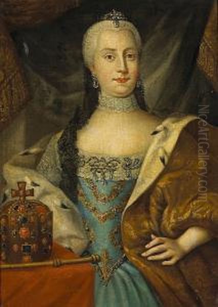 A Portrait Of Empress Maria 
Theresa Of Austria In A Blue Dress And Ermine Cape, Her Crown And 
Scepter To The Left Oil Painting by Ircle Of Martin Van Mytens