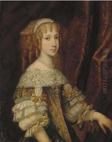 Portrait Of A Lady, Half-length,
 In A Gold And Blue Silk Dress With Lace Trim, Wearing A Pearl Necklace 
And Bracelet Oil Painting by Ircle Of Martin Van Mytens