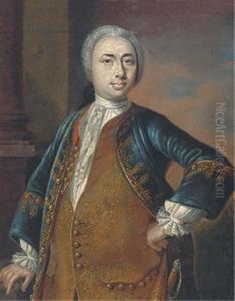 Portrait Of A Gentleman, 
Standing Three-quarter-length, In A Goldembroidered Waistcoat And Blue 
Coat, Wearing A Sword Oil Painting by Ircle Of Martin Van Mytens