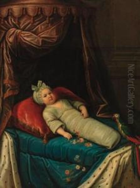 Portrait Of A Child, Said To Be 
The Enfant De France, Full-lengthin Swaddling Clothes With A Parrot On A
 Canoped Bed With An Erminelined Cover And A Crimson Cushion Oil Painting by Ircle Of Martin Van Mytens