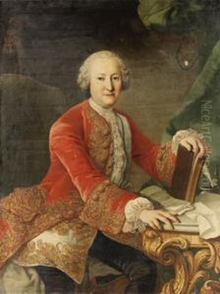 Portrait Of A Gentleman, Seated 
Three-quarter Length, Wearing A Redvelvet Brocade Jacket And A White 
Satin Brocade Waistcoat And Lacecravat, Beside A Marble Topped Table, 
His Hand Resting On Abook Oil Painting by Ircle Of Martin Van Mytens