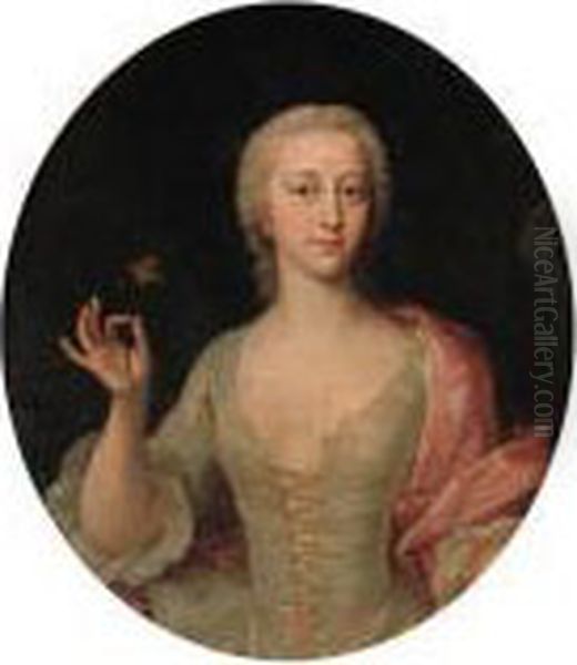 Portrait Of A Lady, Half-length Wearing A White Dress And A Pinkwrap Holding A Flower Oil Painting by Ircle Of Martin Van Mytens