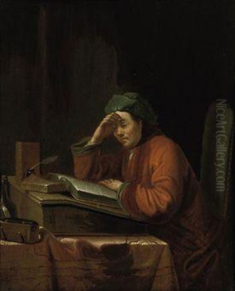 A Man Reading In An Interior Oil Painting by Frans van Mieris