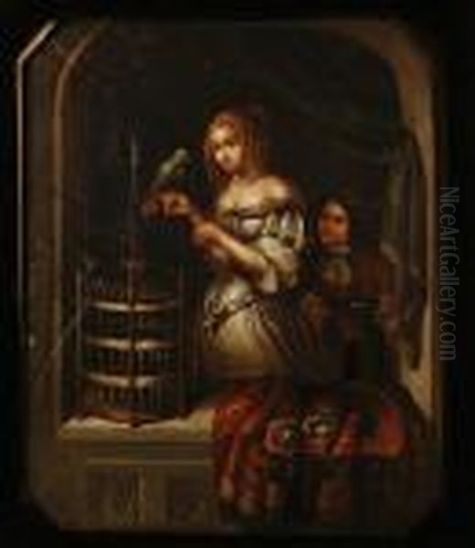 A Lady With Her Parrot At A Window Oil Painting by Frans van Mieris