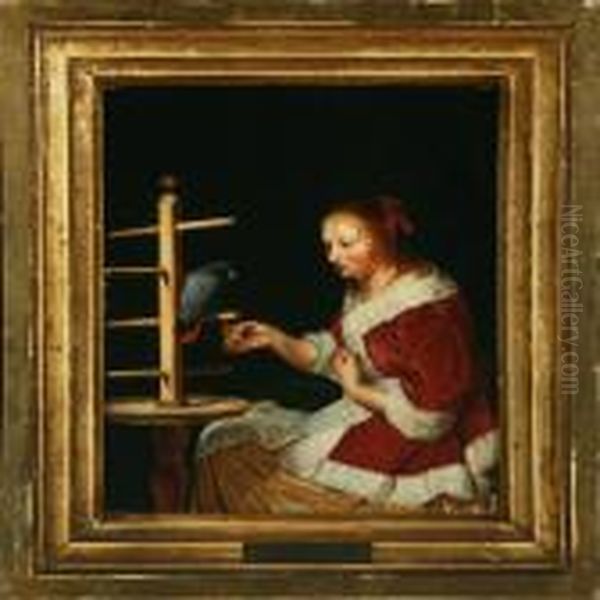 A Young Girlin A Red Jacket Feeding A Parrot Oil Painting by Frans van Mieris