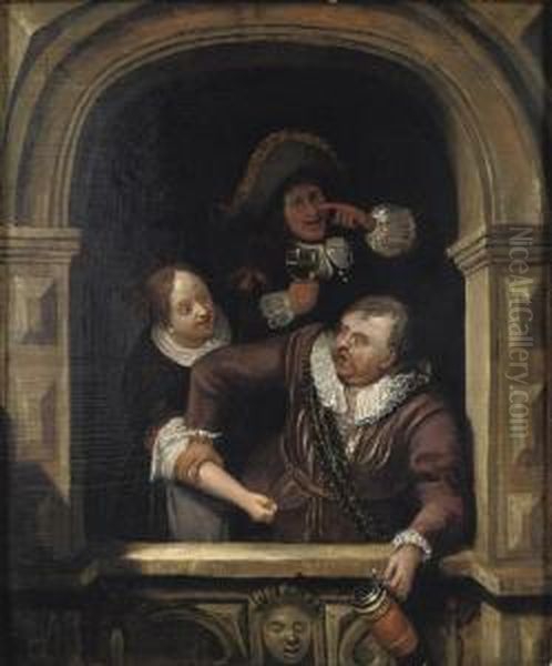 A Man Holding A Tankard, A Man And Woman Behind Him Holding A Glass Of Wine Oil Painting by Frans van Mieris