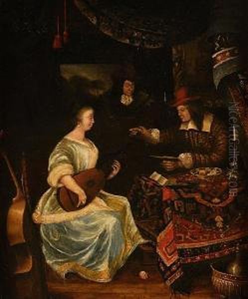 Interior With A Lady Playing The Lute Oil Painting by Frans van Mieris