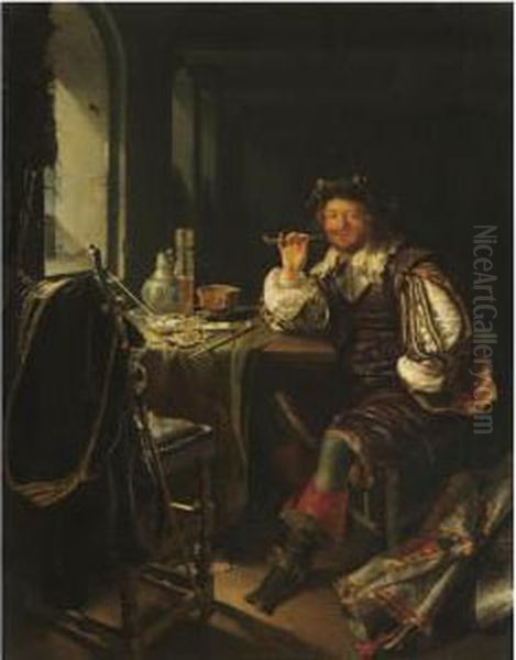 An Interior With A Soldier Smoking A Pipe Oil Painting by Frans van Mieris