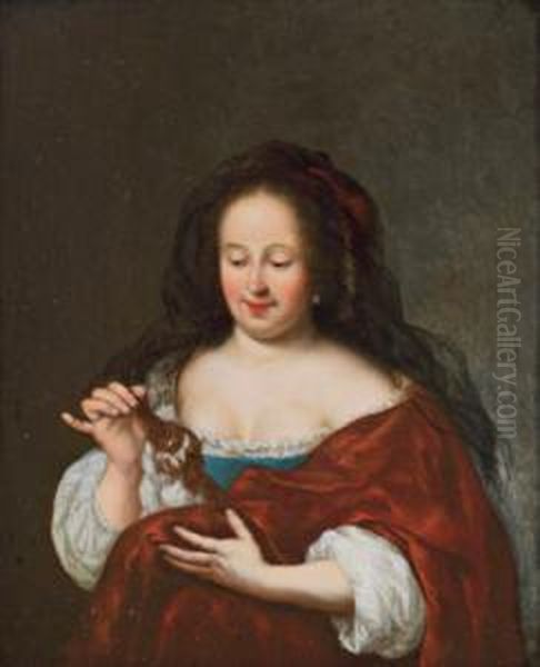 Bildnis Einer Dame Mit King-charles-spaniel Welpen Oil Painting by Frans van Mieris