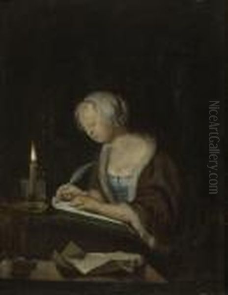 Schreibende Junge Frau Bei Kerzenschein Oil Painting by Frans van Mieris