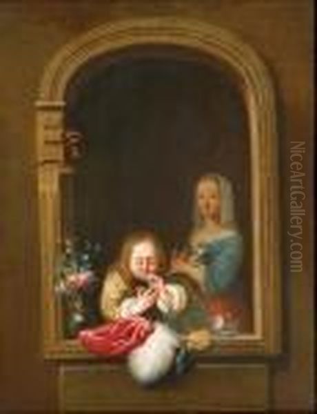 N A Window Blowing Bubbles, A Girl With A Dog In Her Arms Behind Oil Painting by Frans van Mieris