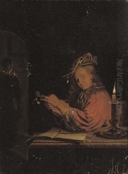 A Man Stringing A Fiddle At A Desk, A Woman At An Archway Behind Oil Painting by Frans van Mieris