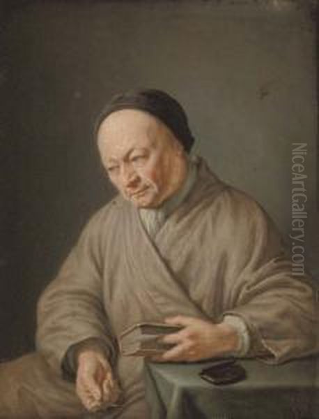 An Elderly Man, 
Three-quarter-length, Seated In A Beige Robe With A Black Cap, Holding A
 Book In His Left Hand And Glasses In His Right Oil Painting by Frans van Mieris