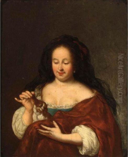 A Young Lady Playing With A Puppy King Charles Spaniel On Her Lap Oil Painting by Frans van Mieris