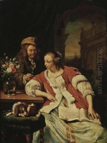 A Man Offering A Glass Of Wine 
To An Elegant Young Lady Studyingmusic In An Interior, A Flower Still 
Life On A Table Oil Painting by Frans van Mieris