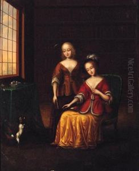 Elegant Ladies With A Toy Spaniel In An Interior Oil Painting by Frans van Mieris