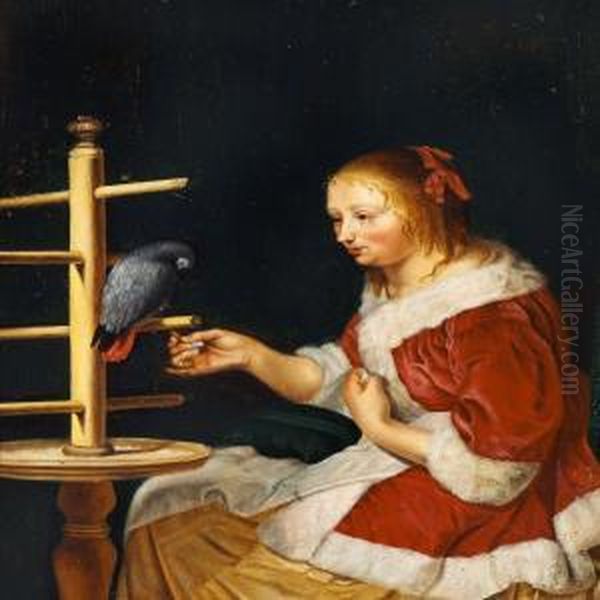 A Young Girl In A Red Jacket Feeding A Parrot Oil Painting by Frans Ii Van Mieris