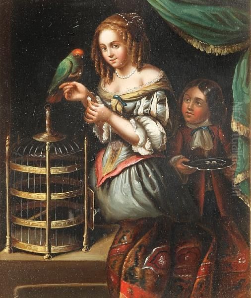 Lady Feeding A Parrot; And A Musical Serenade A Pair Oil Painting by Frans Ii Van Mieris